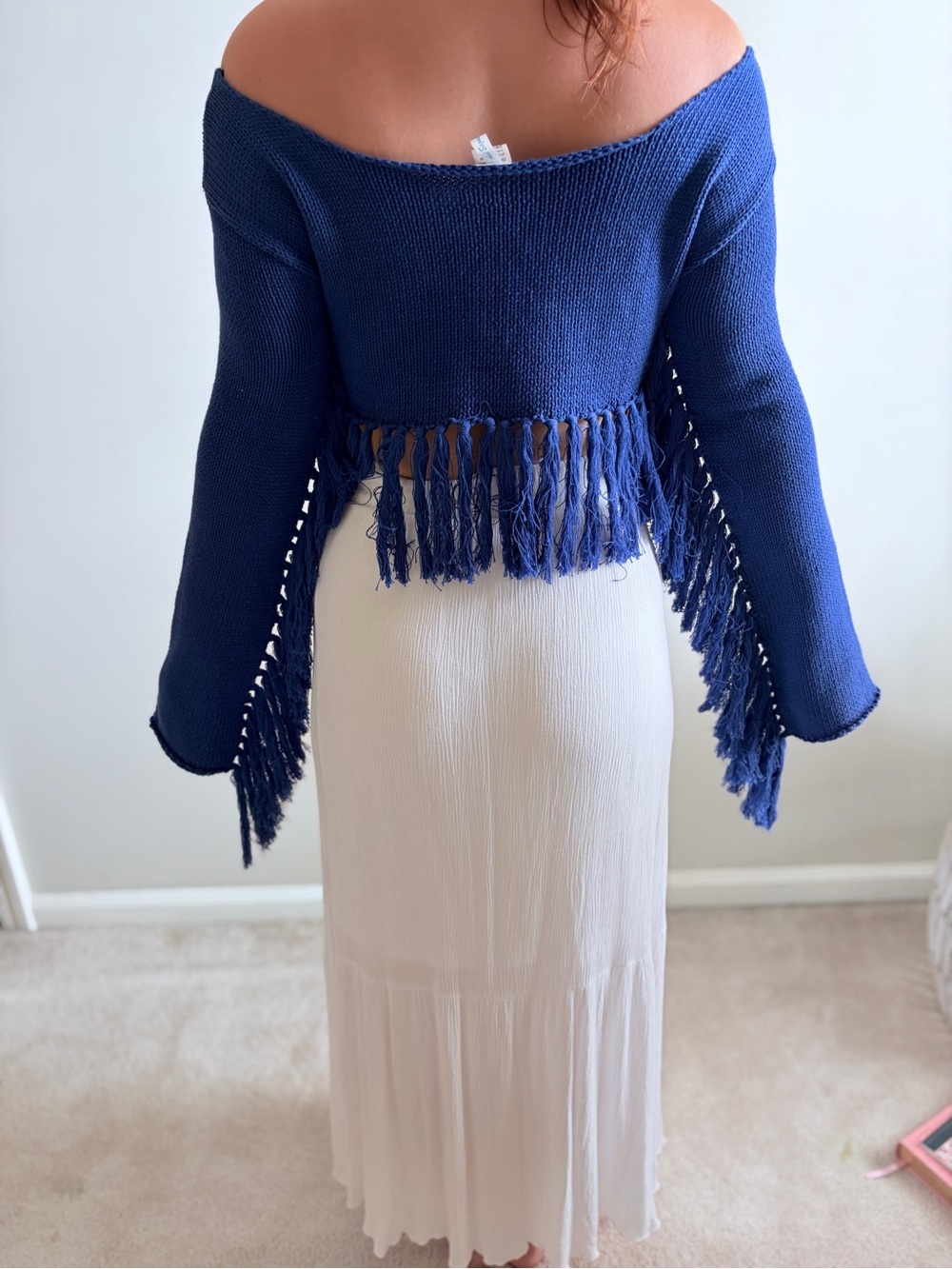 Off-the-Shoulder Navy Fringe Knit Sweater